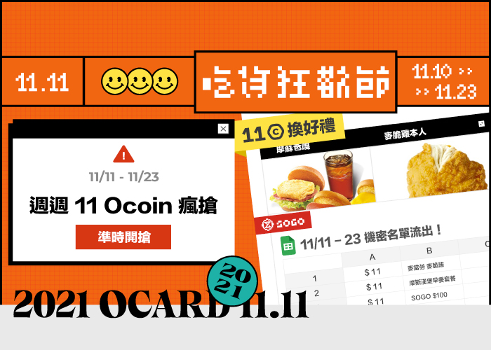 用 11 Oocin 就能兌換到麥當勞麥脆雞、摩斯早餐套餐、SOGO 100 元即享券